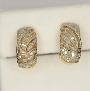 1.15 CTW Diamond Round & Baguette 14K Yellow Gold Earring Hoops Omega Backs - Picture 1 of 6