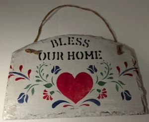 Bless Our Home Vintage Slate Stone Rustic Hand Painted Hanging Sign Plaque - Picture 1 of 4