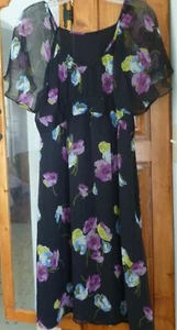 VESTIDO Negro Multi Floral Arrugado Gasa Cintura Alta Forrado Flutter Raglán S/S M - Imagen 1 de 2