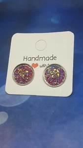 Sparkly Pink Faux Druzy Stud earrings, Handmade Gifts For Her - Picture 1 of 6