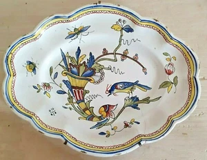 Vintage Keramik Deko Teller mit Blumenbild mit Vogel M.C - Bild 1 von 4