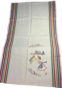Vtg Dishtowel Embroidered Handmade Linen Happy Housewife Kitchen Towel 15.5 X 26 - Picture 1 of 10