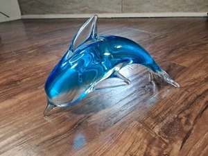 Crystal Glass Dolphin Figurine Clear Blue 10" Long Beach House Decor - Picture 1 of 4