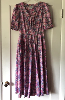 Vestido De Colección Laura Ashley Estampado Rosa Mangas Abullonadas Para Mujer Talla 10 UK 12 Algodón Foto 1 de 4