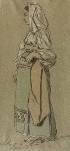 Römerin Bleistift Farbkreide Zeichnung Figur Studie Mode Mensch Frau Rom 1856 - Picture 1 of 6