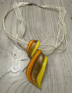 Dichroic Glass Orange Yellow Gold Twisted Pendant Necklace Ribbon & Cord Strand - Picture 1 of 5