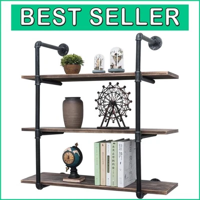 36in Steampunk Wall Mounted Shelves - Vintage Style 3-Tier Shelf Unit - Image 1 of 4