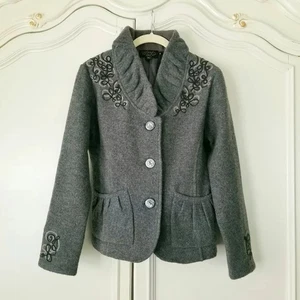 Isländisches Design grau Wolle geraffter Kragen bestickt Jacke Damen Small - Bild 1 von 5