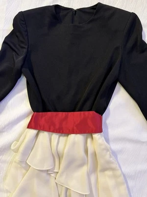 Vintage 80s Black Red White Tiered Ruffle Cocktail Dress Dynasty Glam M - Image 1 of 4