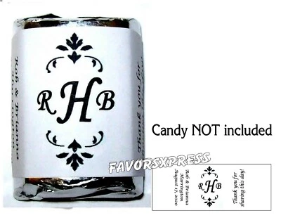 MONOGRAMA DAMASCO NEGRO FAVORES DE BODA ENVOLTORIOS DE DULCES ETIQUETAS ~ PERSONALIZADO Foto 1 de 2