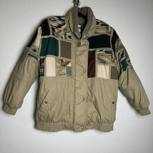 80s 90s Concept Winter Coat Patchwork Tan Teal Size Large Boho - Picture 1 of 11