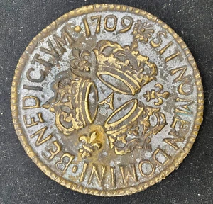 ANTIKES GROSSES & SCHWERES BRONZE MEDAILLON "SIT NOMEN DOMINI BENEDICTUM" 1709 - Bild 1 von 3