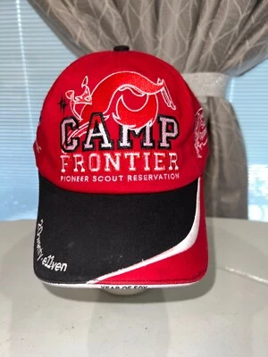 Boné Camp Frontier Pioneer Scout Reservation 2011 BSA vermelho preto gancho laço em excelente estado usado - Imagem 1 de 4