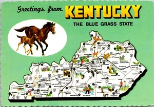 Postal Saludos de la Hierba Azul Mapa Estatal Caballos Kentucky UNP Cromada - Imagen 1 de 2