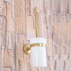 Gold Color Brass Bathroom Toliet Brush Holder Ceramic Cup Wall Mounted fba595