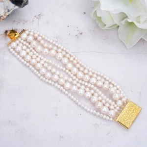 8" 7 Strands Natural White Freshwater Pearl Bracelet Classic For Women - Picture 1 of 6