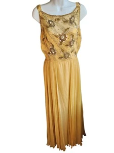 Malcom Starr Vintage 1960s Hand Beaded Yellow Silk Chiffon Dress Size? - Picture 1 of 19