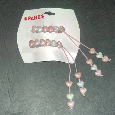 VTG Y2k Hair Barrette Pair PINK SHIMMER HEART Plastic Clasp Charms Kawaii 90s - Image 1 of 4