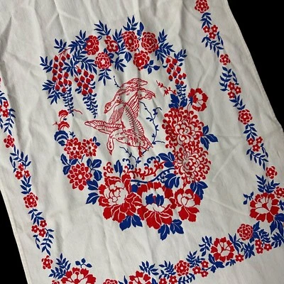 Vintage Wall Hanging Curtain Tapestry Towel Floral Ducks Red Blue Cotton 1950s - Image 1 of 4