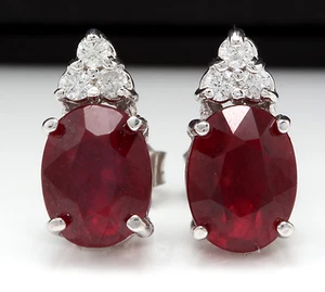 4.20ct Red Ruby and Natural Diamond 14K Solid White Gold Earrings - Picture 1 of 3