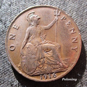 OLD 1 PENNY 1916 COIN UNITED KINGDOM KING GEORGE V ~ WORLD WAR I - Picture 1 of 2
