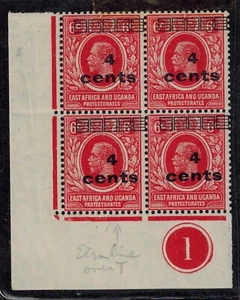 BEA Kenya Provisional 1919 4 Cents OVPT on 6C Scarlet Block of 4 w/Bar over T - Picture 1 of 2