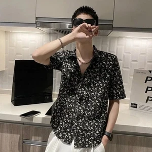Male Shirt Black Short Sleeve Floral Print Sale with Sleeves Fashion Men's Shirt - Picture 1 of 17