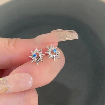 Blue Rhinestone Sun Ear Studs Women's Fashionable Hollow Earrings Zinc Alloy - Image 1 of 4