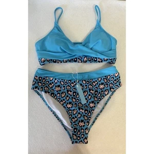 Cupshe Two Piece Bathing Suit Large High Waisted Blue Cheetah Print Swimsuit - Picture 1 of 6