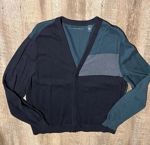 Perry Ellis Navy Green Color Block Cardigan Sweater Hidden Placket Size XL - Picture 1 of 3
