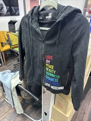 Love Moschino Chaqueta con Capucha Negra Cremallera Sudadera Logo Gráfico Talla 4 Foto 1 de 4