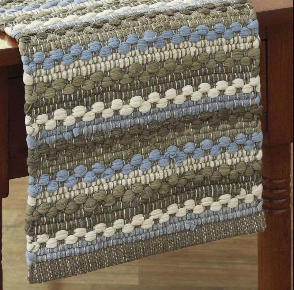 Park Designs Prairie Wood Chindi Blue Gray Striped 54in Cotton Table Runner - Image 1 of 1