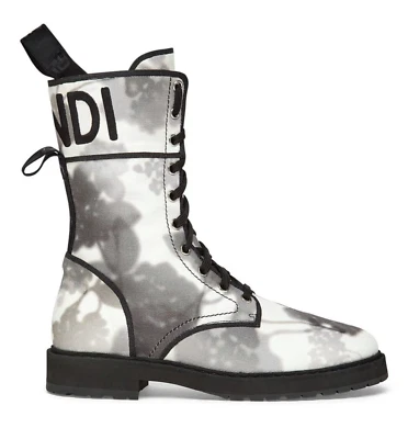 Bota de motociclista de combate Fendi negra gris blanca tie dye lona con cordones logotipo 36 Foto 1 de 4