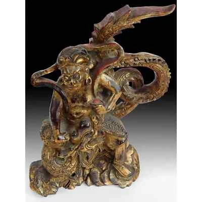 Antique Chinese Monkey King Taming Dragon Lacquer Gilt Wood Carving  孫悟空降龍 - Image 1 of 4
