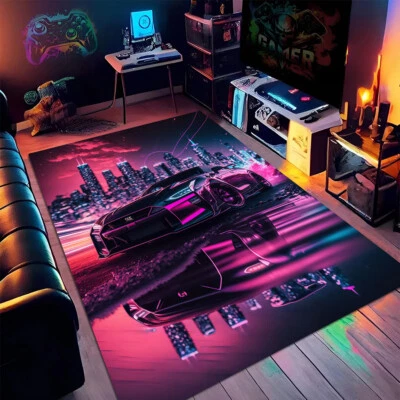 Modern Realistic Cyberpunk Neon Pink Night City Speed Sport Car Print Area Rug - Image 1 of 4