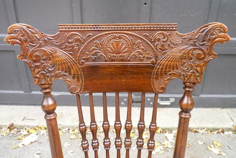 Press Back Carved Oak Kitchen Chair LION HEADS Original Finish Dining Antique Cover