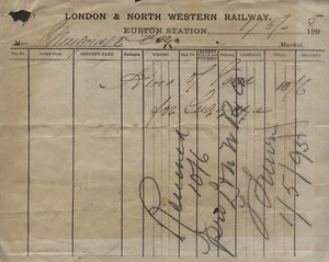 1895 LONDON & NORTH WESTERN RAILWAY, EUSTON STATION, WAY BILL, MUSGRAVE - Picture 1 of 1