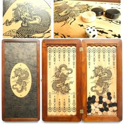 Groß! Tischspiel Naturholz Backgammon CHINESISCHER DRACHE++ Handarbeit 510x510mm - Bild 1 von 3