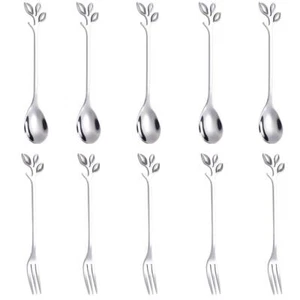 10 PCS Stainless Steel Silver Leaf Coffee Spoon appetizer fork-Creative Table... - Picture 1 of 5