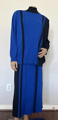 Ming Wang Black Blue Colorblock Knit Suit, skirt & Turtleneck Sweater Size XL - Image 1 of 4