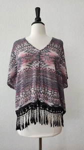 Anthropologie Top New Size Large Poncho Fringe Black Aztec Western Granny Boho - Picture 1 of 6