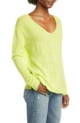 ALLUDE Pointelle V-Neck Cashmere Sweater WOMENS SIZE XS XSMALL LEMON NEW *Z12 - Image 1 of 4