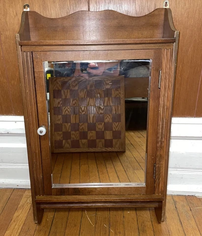Antique Primitive Wood Medicine Cabinet 3 Shelves Mirror Towel Bar Cover
