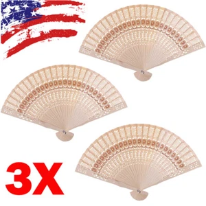 (3PCS) Natural Wood Large Lace Floral Folding Hand Held Chinese Fan NEW - Picture 1 of 9