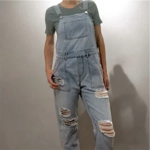 COTTON ON Blue Denim Long Distressed Dungarees Jumpsuit Overalls With Pockets - Picture 1 of 7