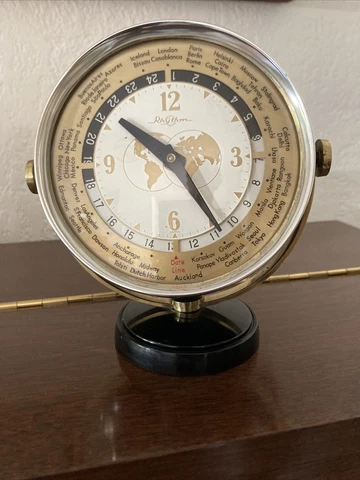Rhythm Vtg #1519 DATE LINE 7" CLOCK Polished ￼￼￼ Aluminum/Bakelite/￼Brass Cover