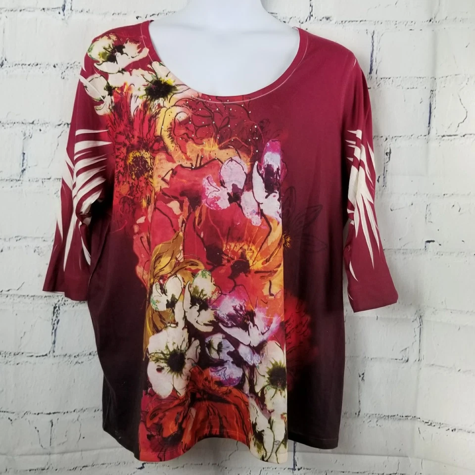 Туника Suzie in the City топ плюс 3X (30-32) цветочные стразы рукав 3/4 - Изображение 1 из 4