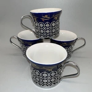 SET OF 4 KANEKO YONEKAWA JAPAN DEMITASSE CUPS WITH SILVER HOLDERS - Picture 1 of 8
