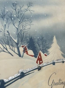 Vintage 1930s Embossed Snowy Hills Trees Red Houses Christmas Silver Foil Card - Picture 1 of 5