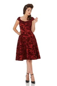 Elegant Rot Federn Flockdruck 50s Rockabilly Retro Vintage Weihnachtskleid - Picture 1 of 3